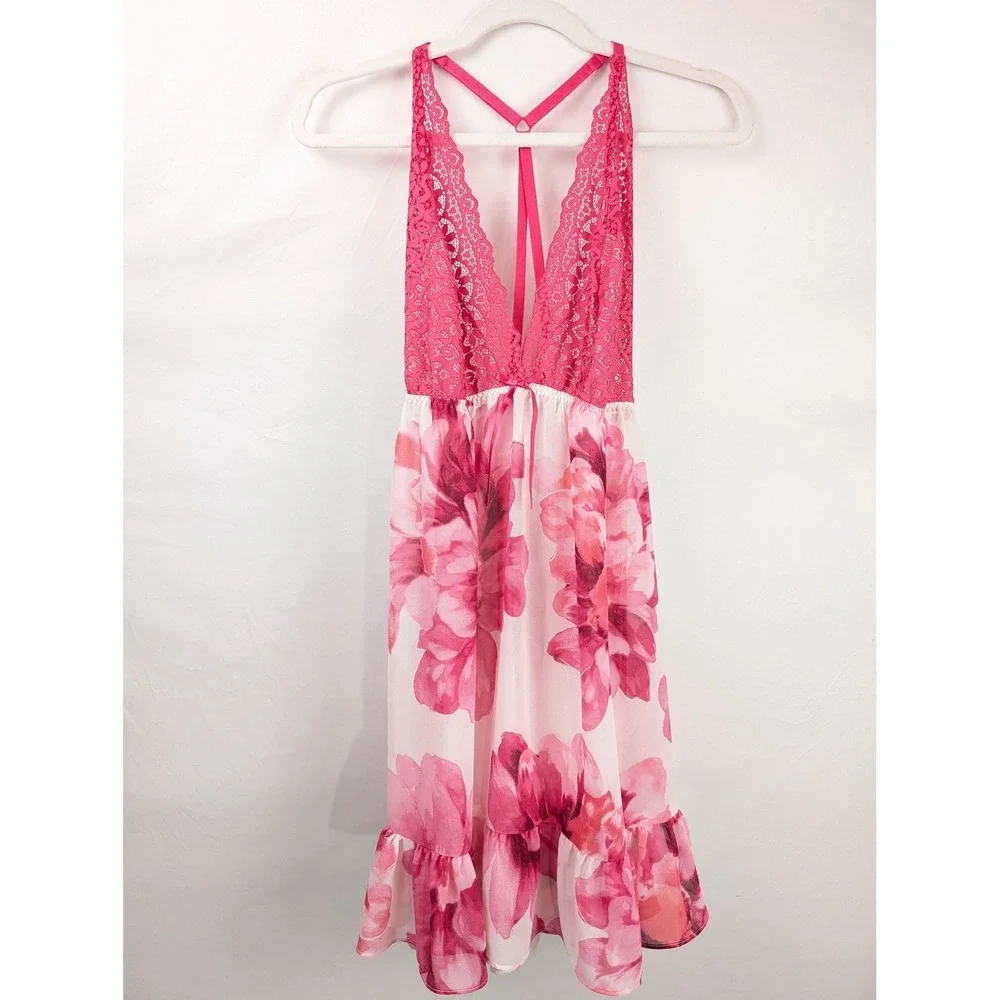 Floral Lace Trim Sheer Mesh Ruffle Babydoll Chemise Sz S Pink Nightgown Coquette